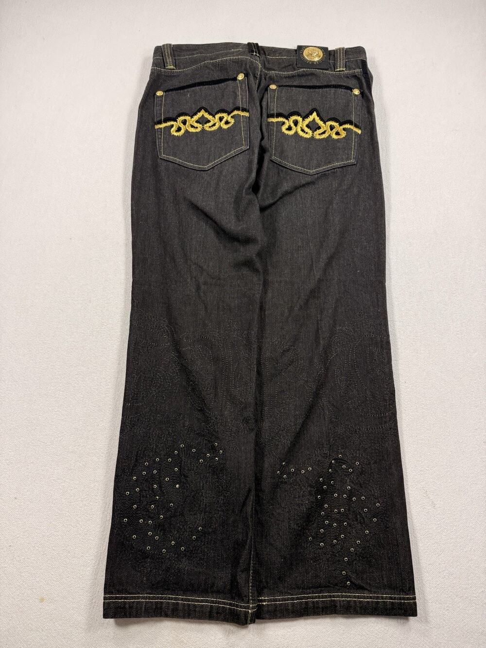 Y2k Crown Holder Black And Gold Denim Jeans Sizd 36 Baggy Hip Hop